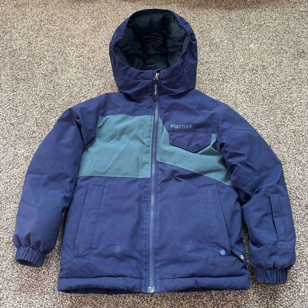 Marmot 700 Fill Down Jacket Kids XS Blue Hooded Puffer Winter Coat